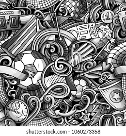 Cartoon doodles Football seamless pattern. Background with Soccer subjects and symbols. All objects are separate