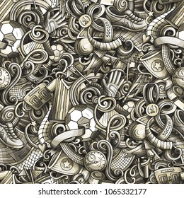 Cartoon doodles Football seamless pattern. Background with Soccer subjects and symbols. All objects are separate