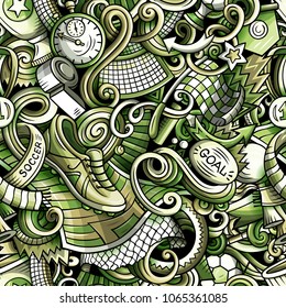 Cartoon doodles Football seamless pattern. Background with Soccer subjects and symbols. All objects are separate