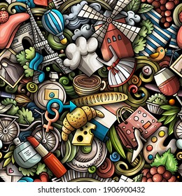 Cartoon doodles France seamless pattern. Backdrop with french culture symbols and items. Colorful detailed, with lots of objects background for print on fabric, textile, greeting cards, phone cases, s