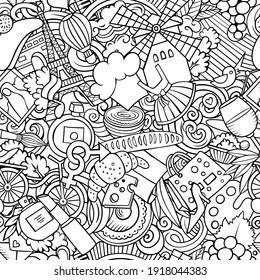 Cartoon doodles France seamless pattern. Backdrop with french culture symbols and items. Sketchy detailed, with lots of objects background for print on fabric, textile, greeting cards, phone cases