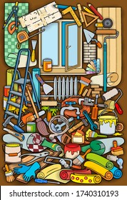 Cartoon doodles funny hand drawn home repair illustration. Many objects vector background. 