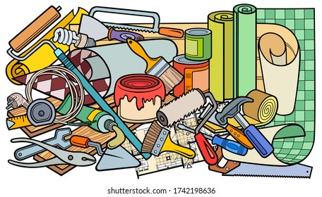 Cartoon doodles funny hand drawn home repair illustration. Many objects vector background. 