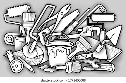 Cartoon doodles funny hand drawn home repair illustration. Many objects vector background. 