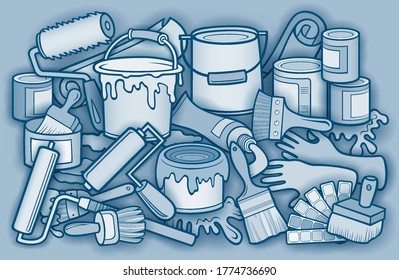 Cartoon doodles funny hand drawn home repair illustration. Many objects vector background. 