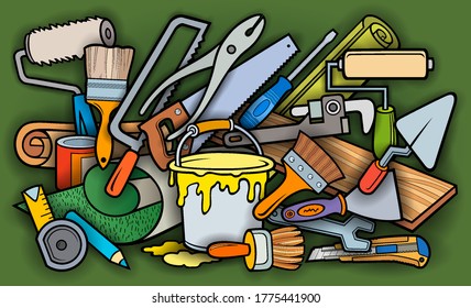 Cartoon doodles funny hand drawn home repair illustration. Many objects vector background. 