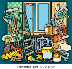 Cartoon doodles funny hand drawn home repair illustration. Many objects vector background. 