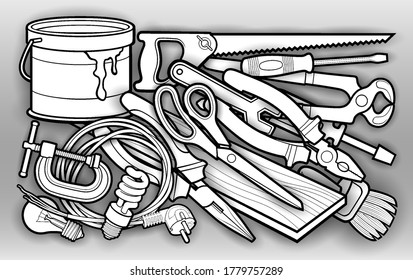 Cartoon doodles funny hand drawn home repair instruments illustration. Many tools objects vector background. 