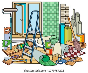 Cartoon doodles funny hand drawn home repair illustration. Many renovation objects vector background. 