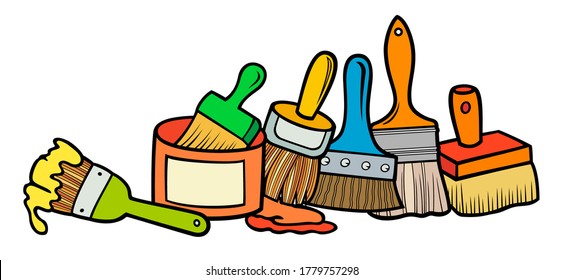 Cartoon doodles funny hand drawn painting instruments illustration. Many tools objects vector background.  
