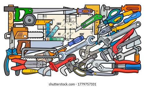 Cartoon doodles funny hand drawn repair tools illustration. Many drafting objects vector background