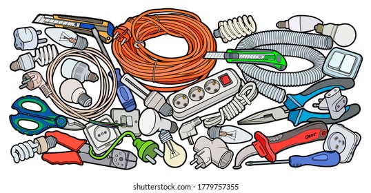 Cartoon doodles funny hand drawn electrical instruments illustration. Many tools objects vector background. 