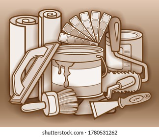 Cartoon doodles funny hand drawn painting instruments illustration. Many tools objects vector background. 