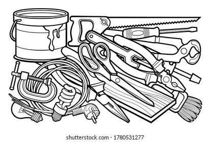 Cartoon doodles funny hand drawn home repair instruments illustration. Many tools objects vector background. 