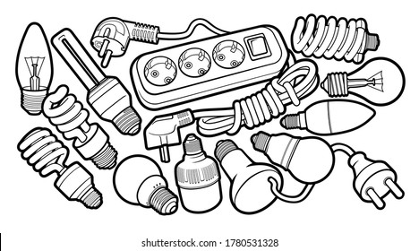 Cartoon doodles funny hand drawn electrical instruments illustration. Many tools objects vector background. 