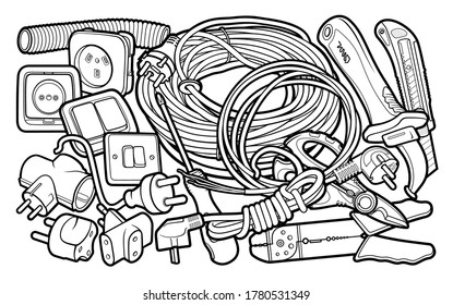 Cartoon doodles funny hand drawn electrical instruments illustration. Many tools objects vector background. 