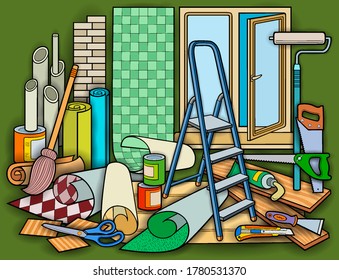 Cartoon doodles funny hand drawn home repair illustration. Many renovation objects vector background. 
