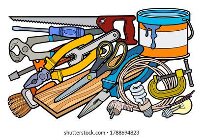 Cartoon doodles funny hand drawn home repair instruments illustration. Many tools objects vector background. 