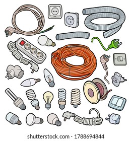 Cartoon doodles funny hand drawn electrical instruments objects set. Many items vector background. 