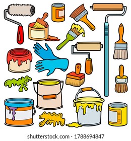 Cartoon doodles funny hand drawn home repair objects set. Many painting items vector background. 