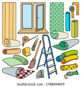 Cartoon doodles funny hand drawn home repair objects set. Many items vector background. 