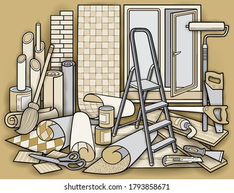 Cartoon doodles funny hand drawn home repair illustration. Many renovation objects vector background. 