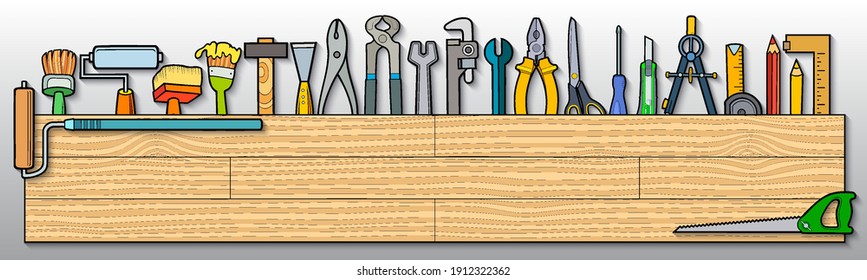 Cartoon doodles funny hand drawn home repair illustration. Many objects vector background. 