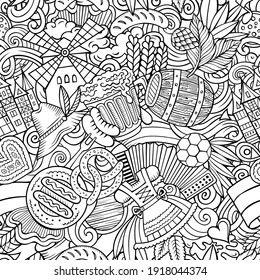 Cartoon doodles Germany seamless pattern. Backdrop with german culture symbols and items. Colorful detailed, with lots of objects background for print on fabric, textile, greeting cards, phone cases