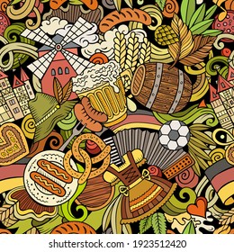Cartoon doodles Germany seamless pattern. Backdrop with german culture symbols and items. Colorful detailed, with lots of objects background for print on fabric, textile, greeting cards, phone cases