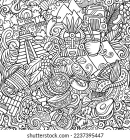 Cartoon doodles Guatemala seamless pattern. Backdrop with local Central America culture symbols and items. Colorful background for print on fabric, textile, greeting cards, scarves, wallpaper