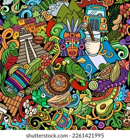 Cartoon doodles Guatemala seamless pattern. Backdrop with local Central America culture symbols and items. Colorful background for print on fabric, textile, greeting cards, scarves, wallpaper