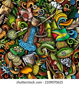 Cartoon doodles Guyana nahtloses Muster. Hintergrund mit lokalen Kultursymbolen und Elementen. Farbiger Hintergrund für Stoffdruck, Textilien, Grußkarten, Schals, Tapeten