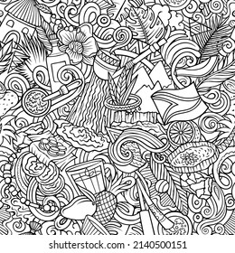 Cartoon doodles Guyana seamless pattern. Backdrop with local culture symbols and items. Sketchy background for print on fabric, textile, greeting cards, scarves, wallpaper