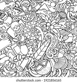 Cartoon doodles Haiti seamless pattern. Backdrop with Haitian culture symbols and items. Sketch detailed background for print on fabric, textile, greeting cards, phone cases, scarves, wrapping paper