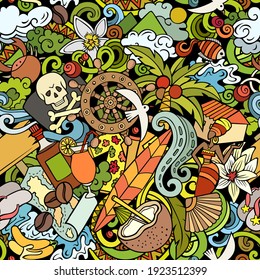 Cartoon doodles Haiti seamless pattern. Backdrop with Haitian culture symbols and items. Colorful detailed, with lots of objects background for print on fabric, textile, greeting cards, phone cases