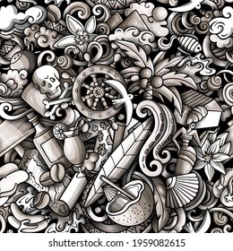 Cartoon doodles Haiti seamless pattern. Backdrop with Haitian culture symbols and items. Monochrome detailed, with lots of objects background for print on fabric, textile, phone cases, wrapping paper.