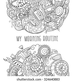 cartoon doodles, hand drawn everyday morning things