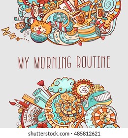cartoon doodles, hand drawn everyday morning things
