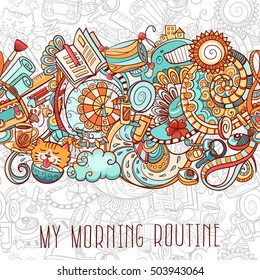 cartoon doodles, hand drawn everyday morning things