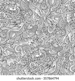 Cartoon doodles hand drawn fashion seamless pattern. Vector endless background