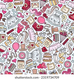 Cartoon doodles hand drawn wedding seamless pattern. Vector endless background