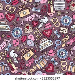 Cartoon doodles hand drawn wedding seamless pattern. Vector endless background