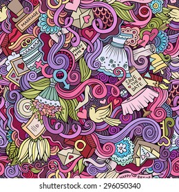 Cartoon doodles hand drawn wedding seamless pattern. Vector endless background
