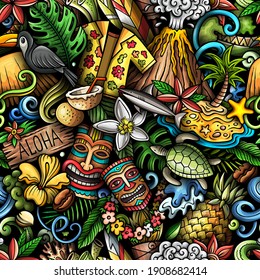 Cartoon doodles Hawaii seamless pattern. Backdrop with Hawaiian culture symbols and items. Colorful detailed, with lots of objects background for print on fabric, textile, greeting cards, phone cases