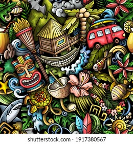 Cartoon doodles Hawaii seamless pattern. Backdrop with Hawaiian culture symbols and items. Colorful detailed, with lots of objects background for print on fabric, textile, greeting cards, phone cases
