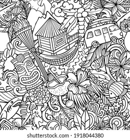 Cartoon doodles Hawaii seamless pattern. Backdrop with Hawaiian culture symbols and items. Sketchy detailed, with lots of objects background for print on fabric, textile, greeting cards, phone cases