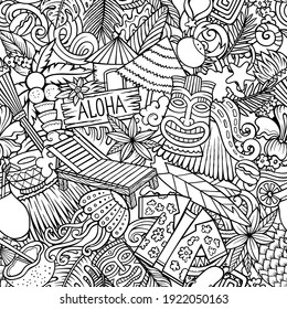 Cartoon Doodles Hawaii Seamless Pattern. Backdrop With Hawaiian Culture Symbols And Items. Sketchy Detailed, With Lots Of Objects Background For Print On Fabric, Textile, Greeting Cards, Phone Cases