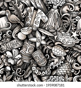 Cartoon doodles Hawaii seamless pattern. Backdrop with Hawaiian culture symbols and items. Monochrome detailed, with lots of objects background for print on fabric, textile, wrapping paper.