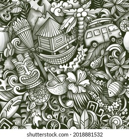 Cartoon doodles Hawaii seamless pattern. Backdrop with Hawaiian culture symbols and items. Monochrome detailed, with lots of objects background for print on fabric, textile, greeting cards, phone case