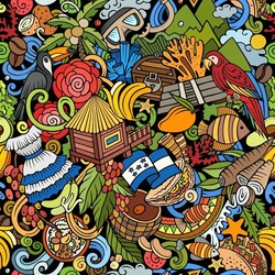 Cartoon Doodles Honduras Seamless Pattern. Backdrop With Local Honduran Culture Symbols And Items. Colorful Background For Print On Fabric, Textile, Greeting Cards, Scarves, Wallpaper